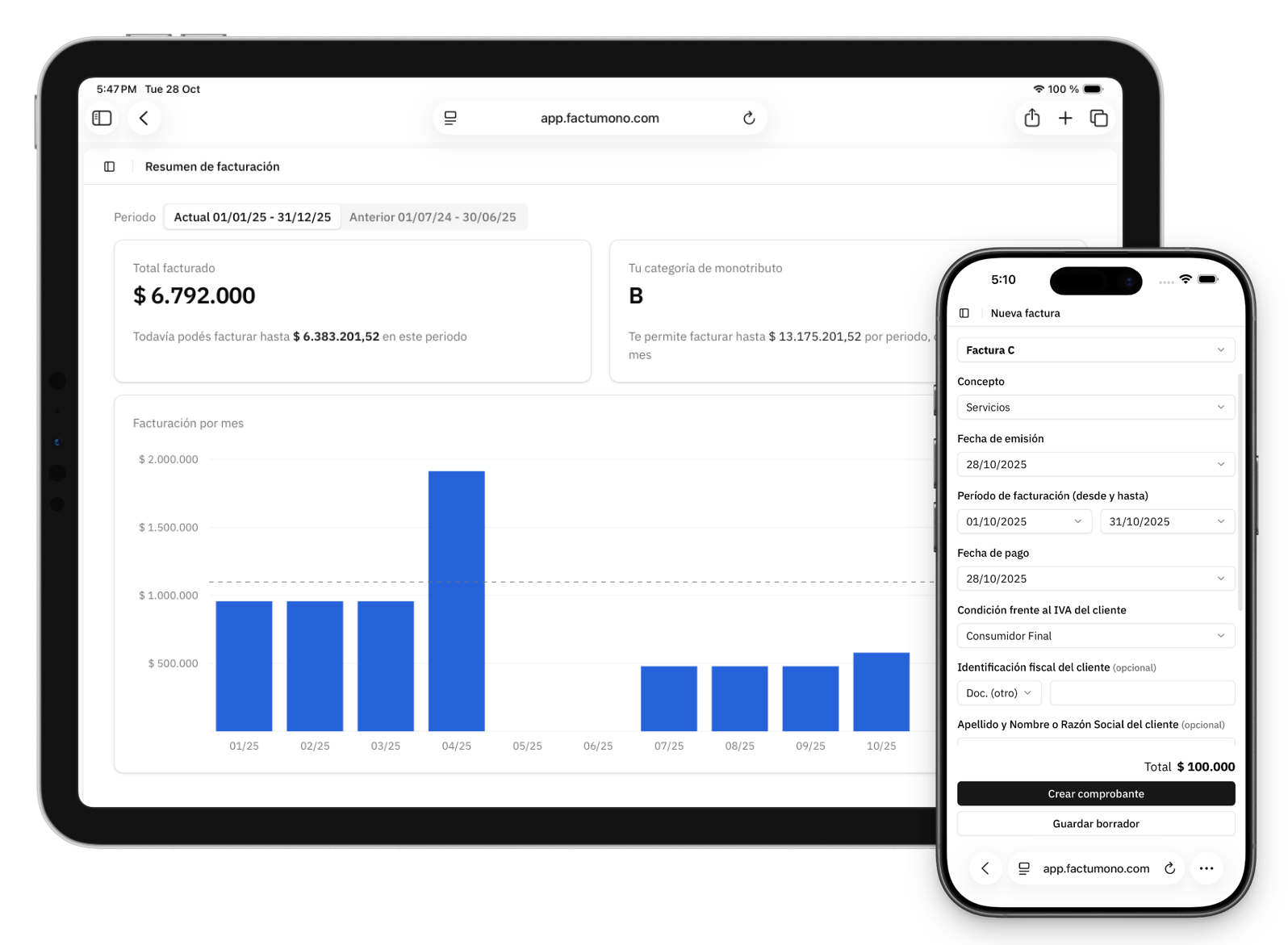 Pantalla de Factumono: crear Facturas de servicios C y E en ARCA