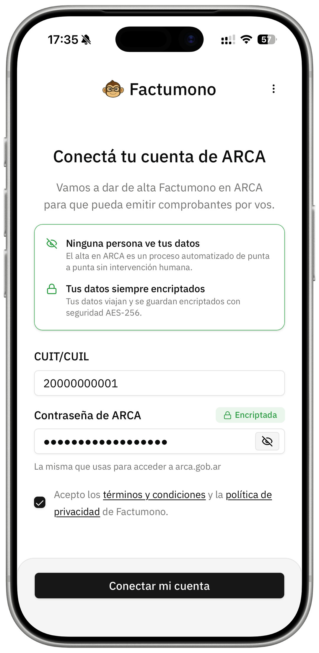 Formulario de la app de Factumono para conectar tu cuenta de ARCA con CUIT y Clave Fiscal