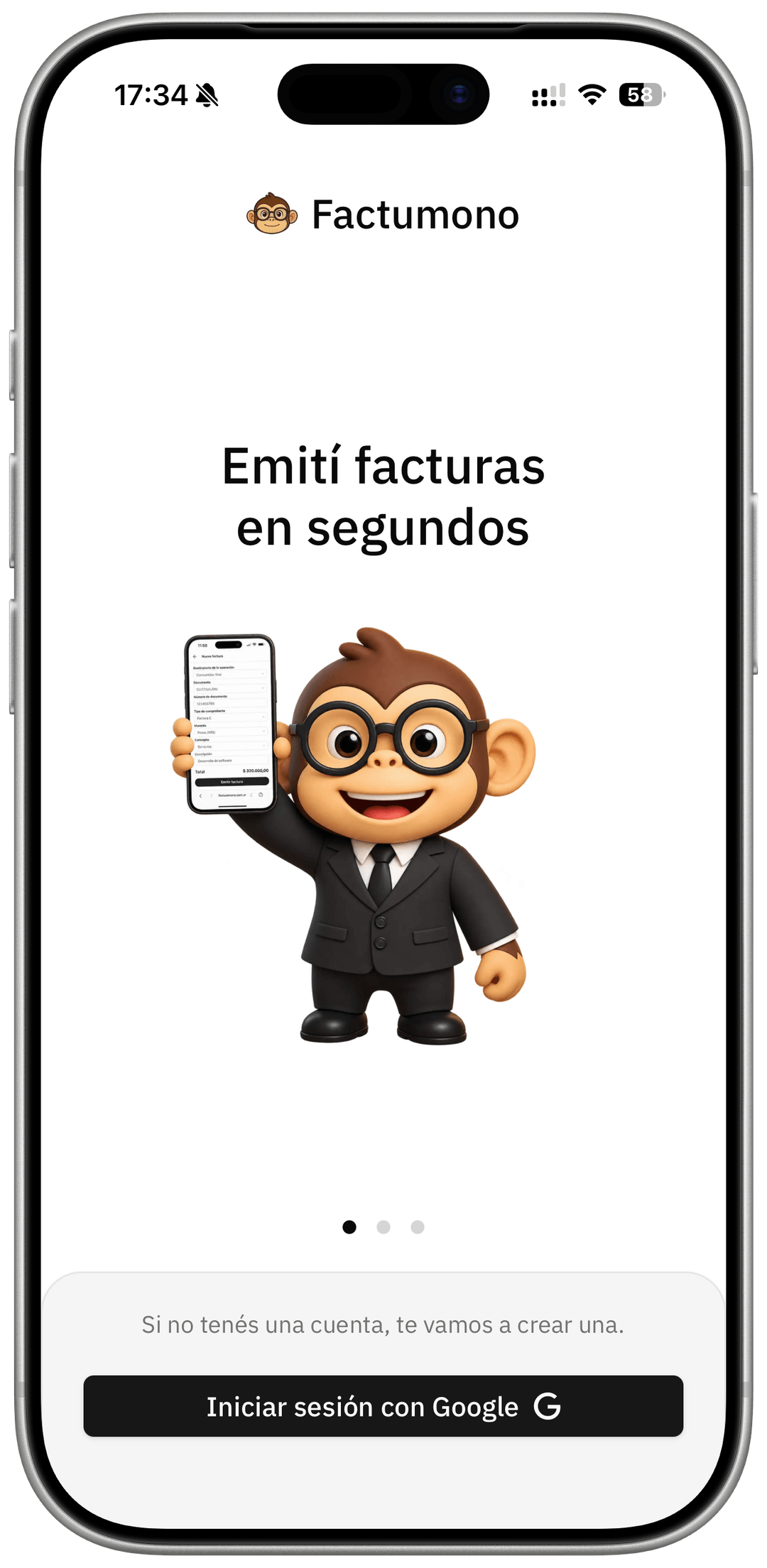 Pantalla de bienvenida de la app de Factumono con el botón para iniciar sesión con Google
