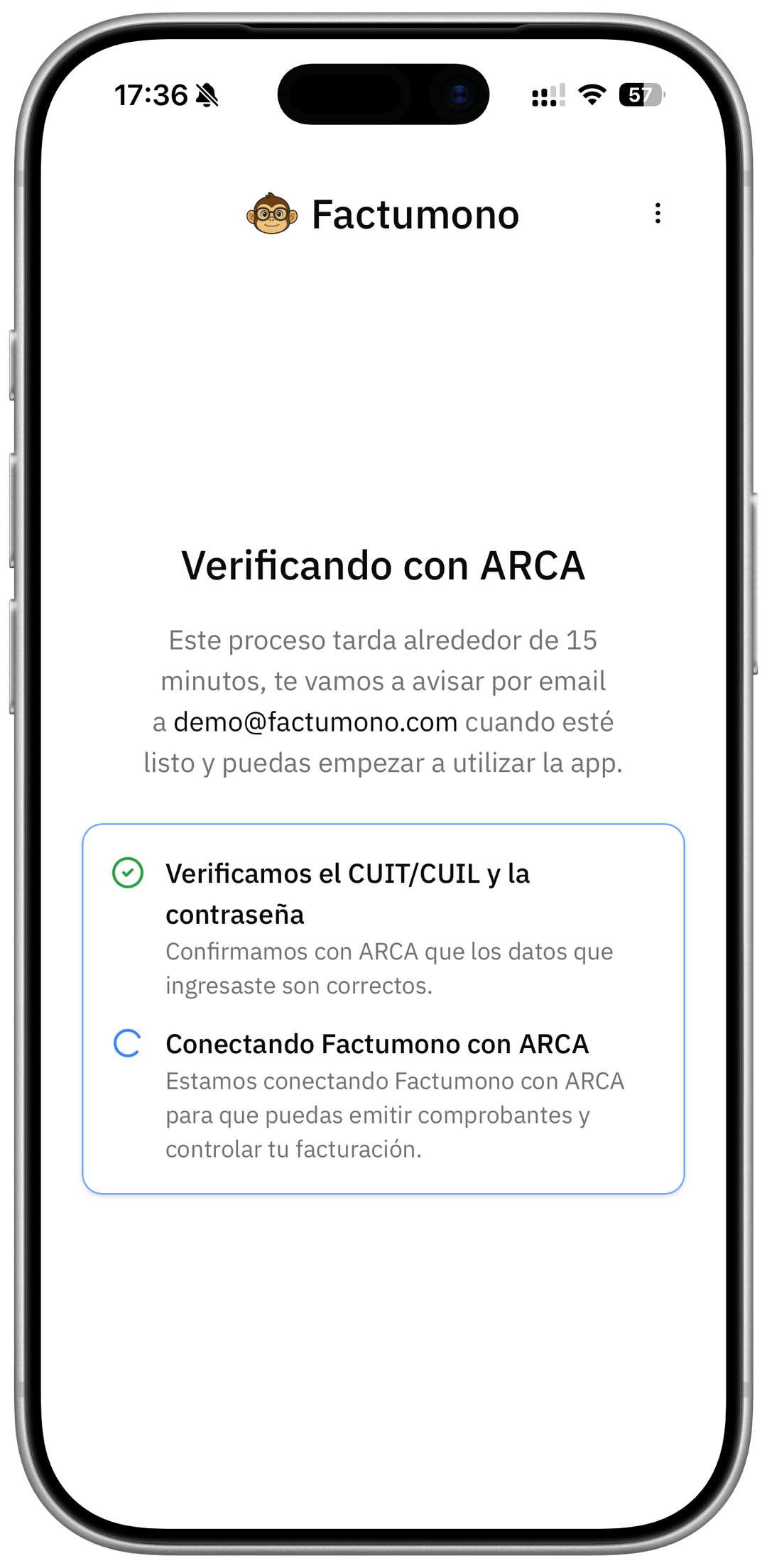 Pantalla de la app de Factumono dando de alta tu facturación en ARCA de forma automática