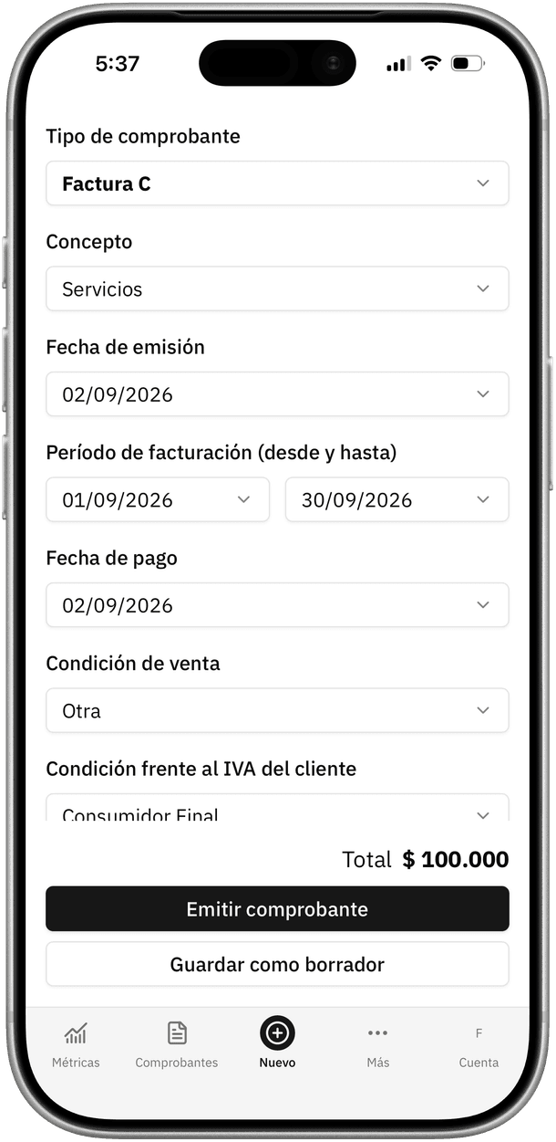 Pantalla de la app para emitir una factura C desde el celular