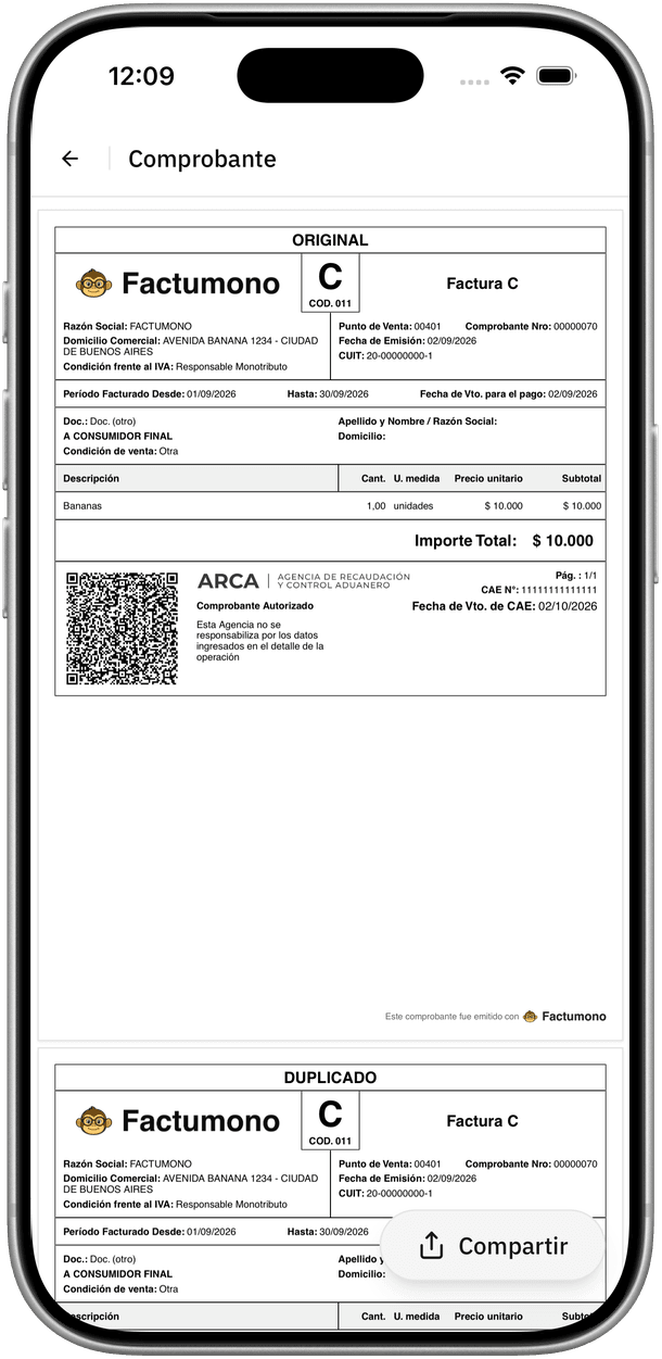 Factura C emitida con el logo del negocio, lista para compartir desde la app