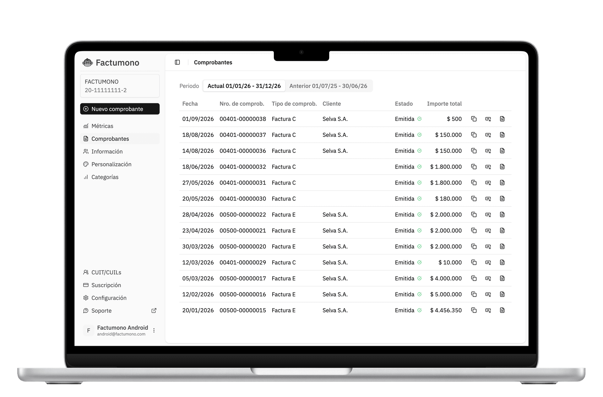 Listado de comprobantes emitidos en ARCA con fecha, tipo, cliente e importe