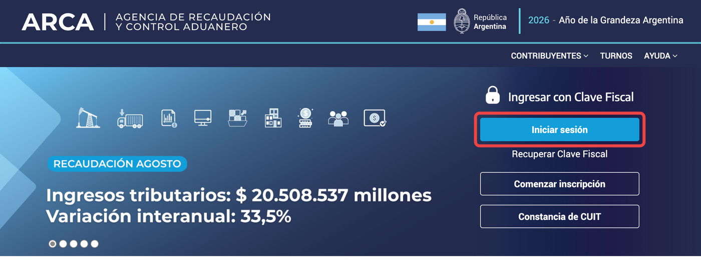 Portada de ARCA con el acceso por Clave Fiscal arriba a la derecha