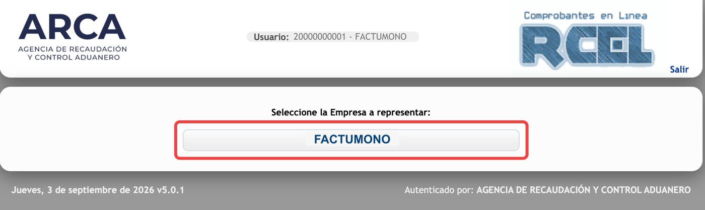 Selección de la empresa a representar en Comprobantes en línea