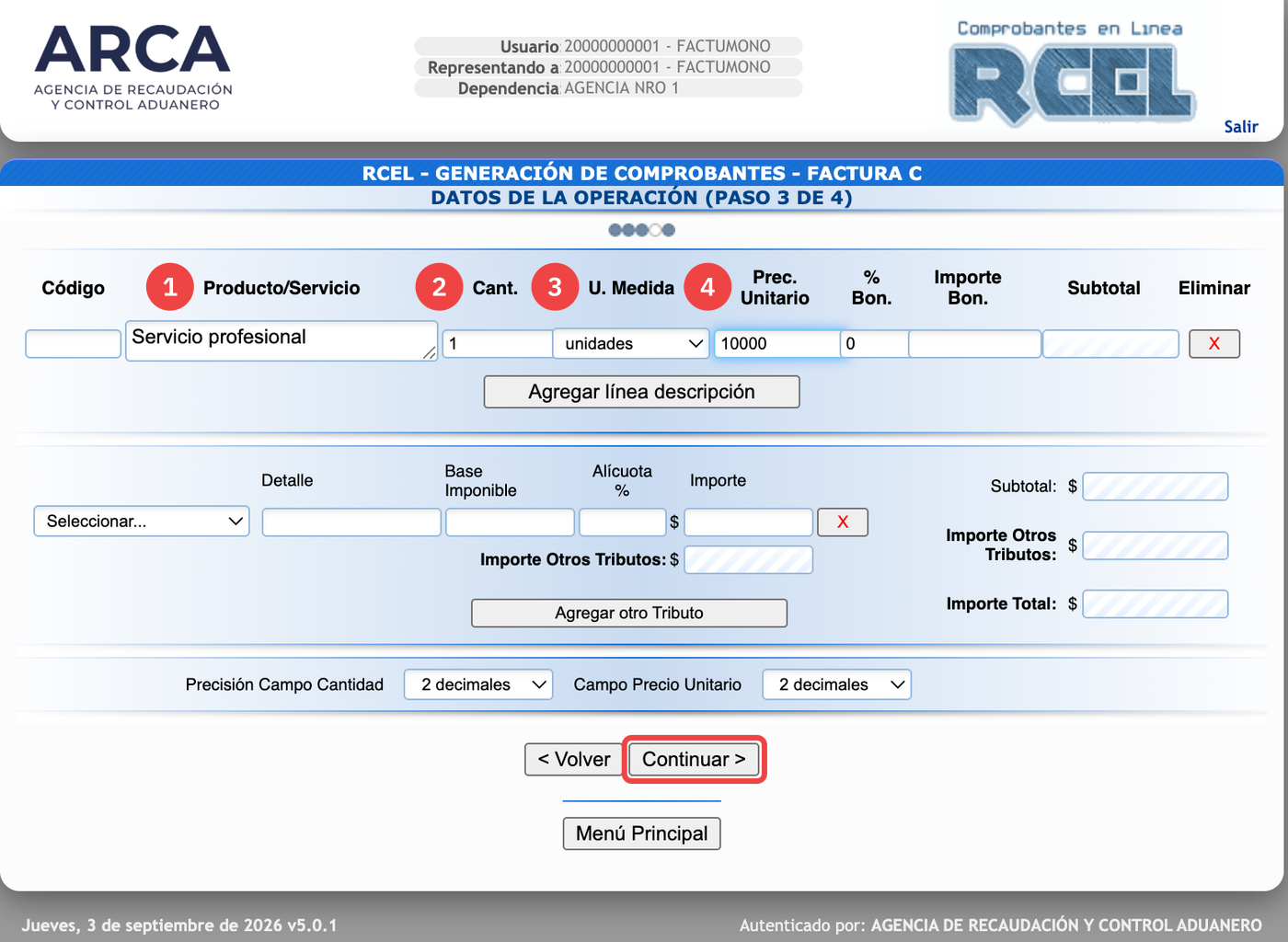 Datos de la operación de una Factura C en ARCA, con la descripción, cantidad y precio cargados