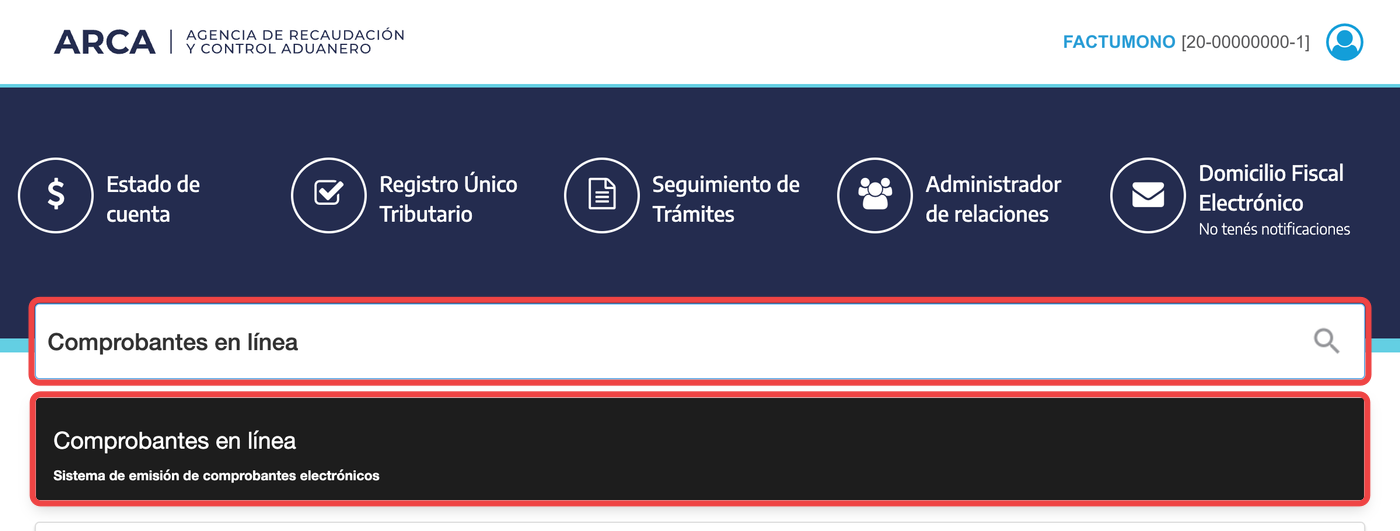 Escritorio de ARCA con el buscador filtrando Comprobantes en línea