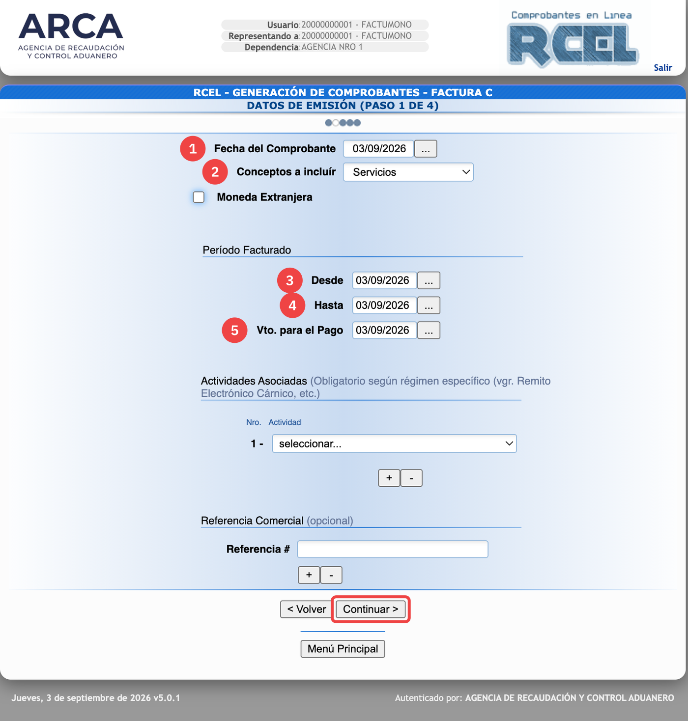 Formulario de Datos de Emisión de una Factura C en ARCA, con Conceptos en Servicios