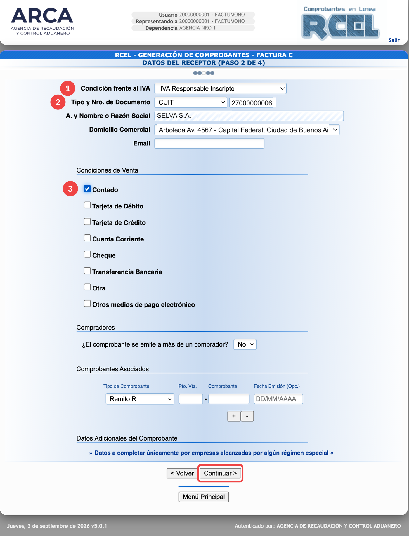 Datos del receptor de una Factura C en ARCA con CUIT cargado y Razón Social autocompletada desde el padrón