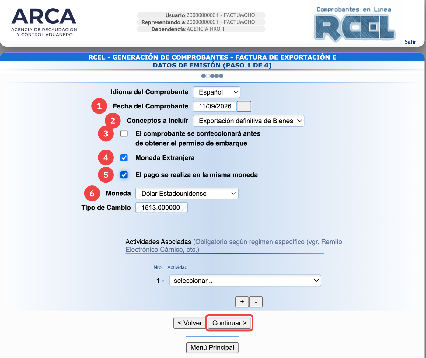 Formulario de Datos de Emisión de una Factura E en ARCA, con Exportación definitiva de Bienes, el tilde del permiso de embarque, Moneda Extranjera tildada y Dólar Estadounidense