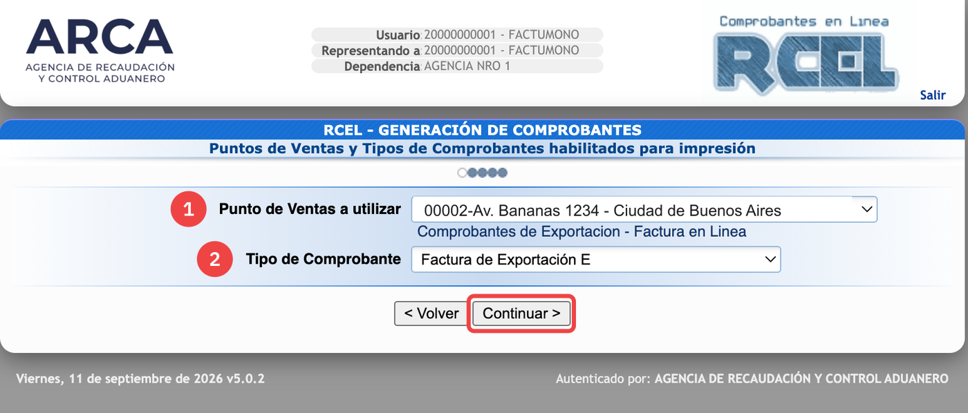 Selección del punto de venta de exportación y del tipo de comprobante Factura de Exportación E en ARCA