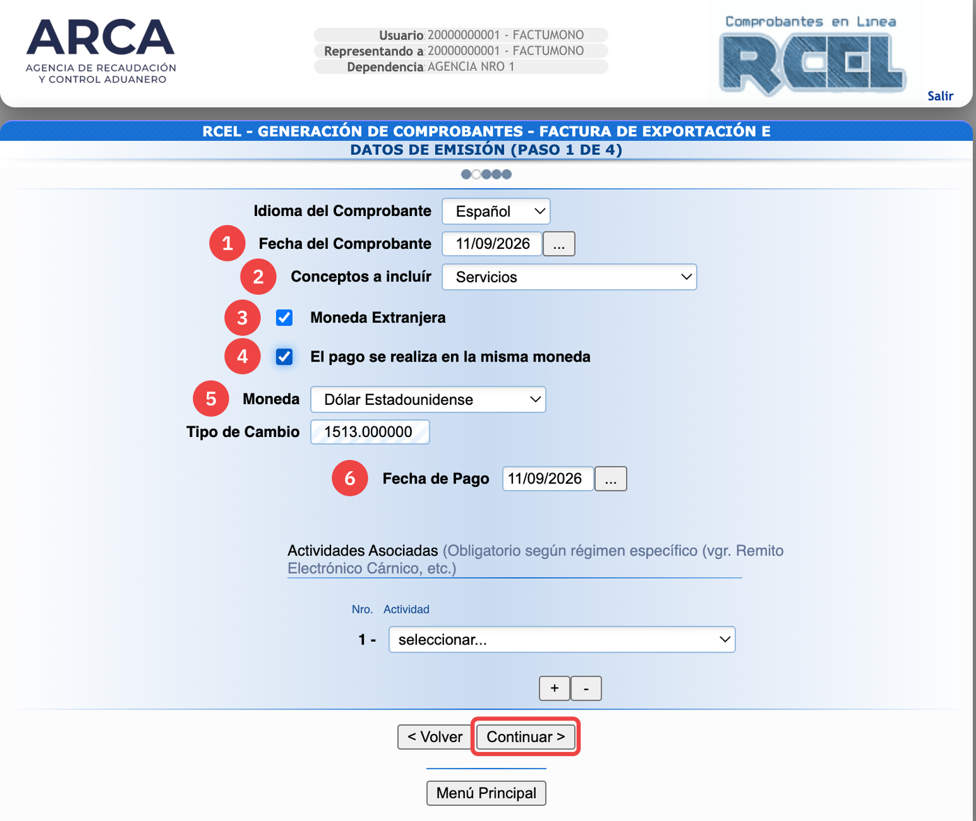 Formulario de Datos de Emisión de una Factura E en ARCA, con Servicios, Moneda Extranjera tildada, Dólar Estadounidense y el tipo de cambio completado