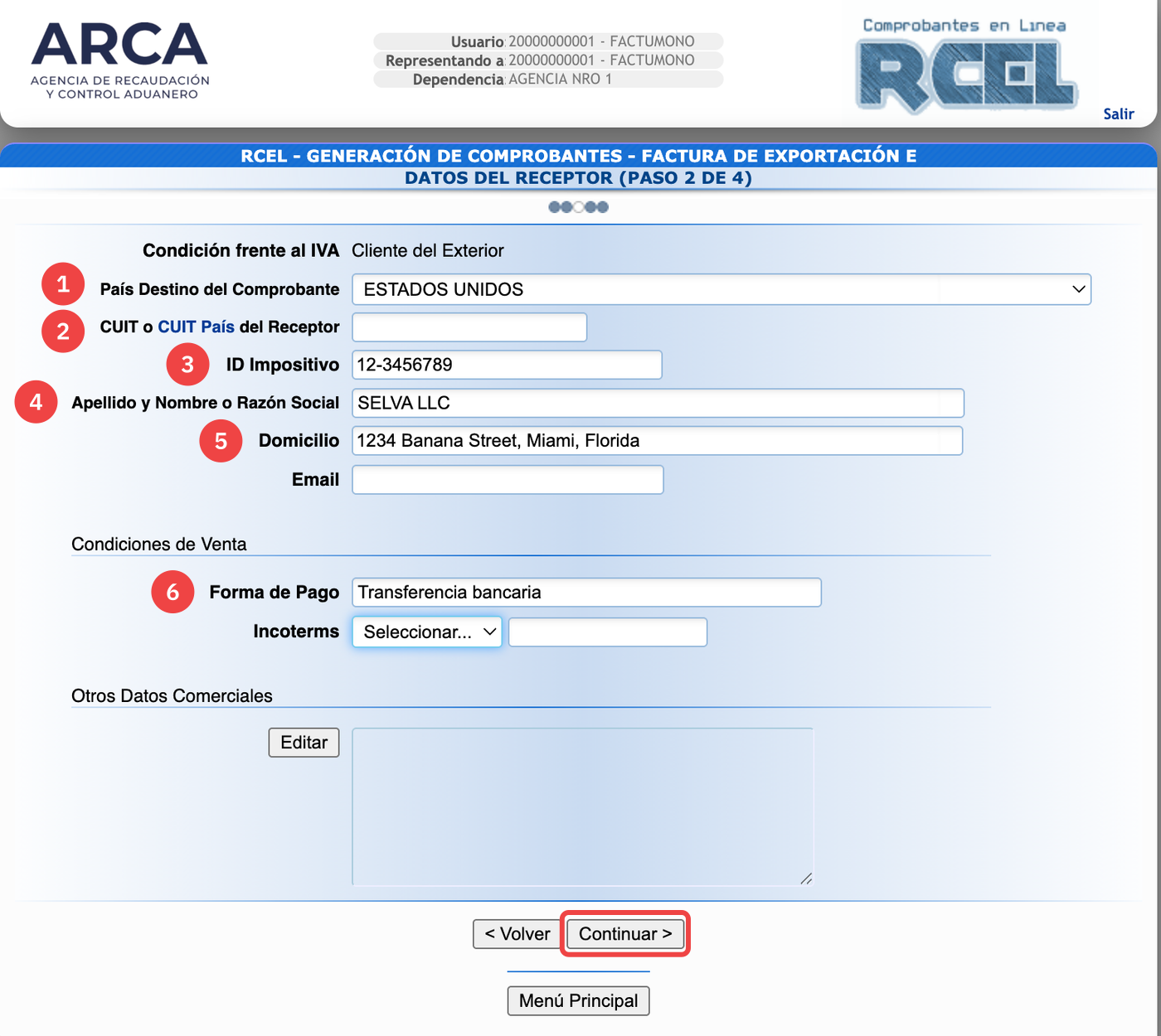 Datos del receptor de una Factura E en ARCA, con el país de destino, el ID impositivo, la razón social y el domicilio del cliente del exterior cargados