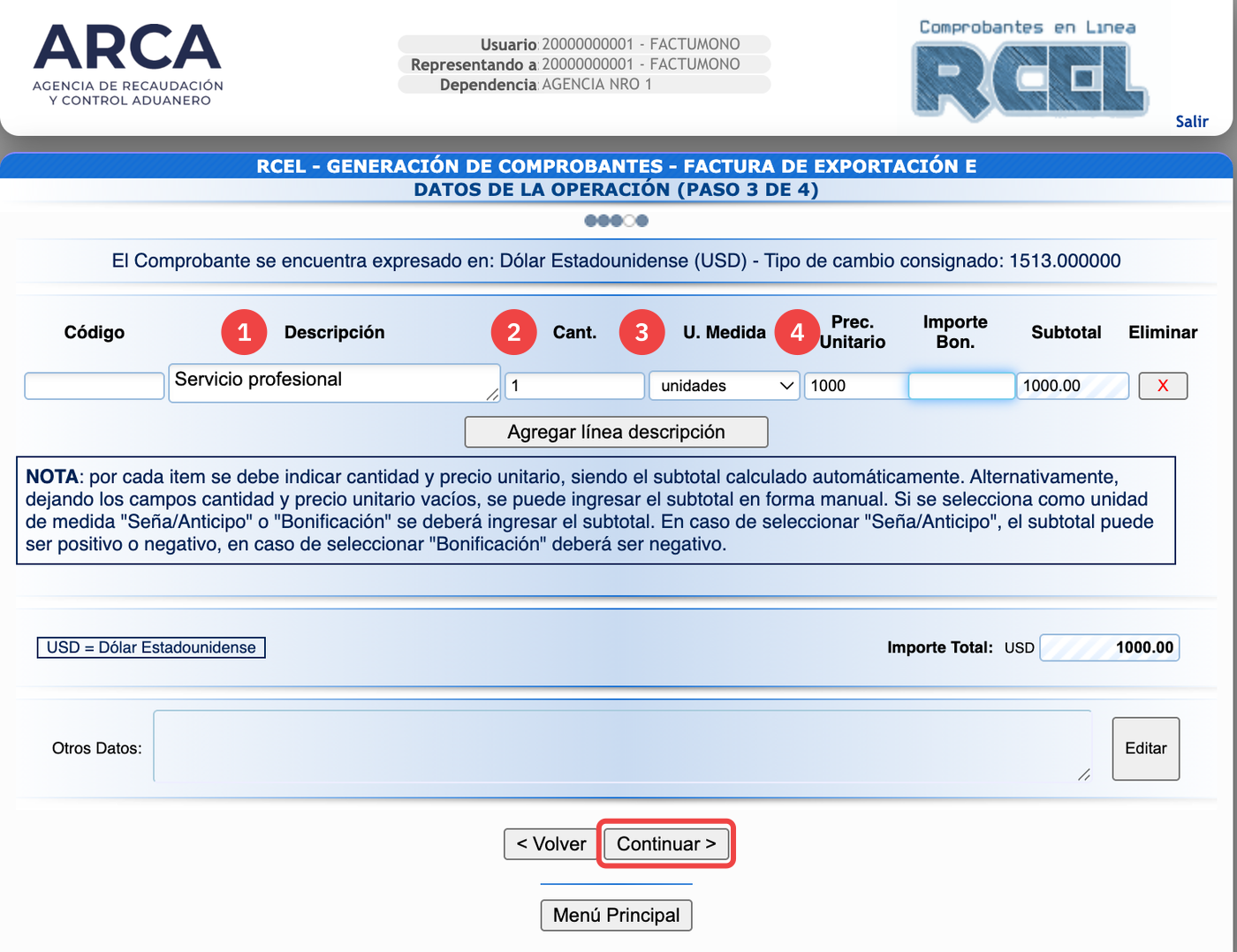 Datos de la operación de una Factura E en ARCA, con la descripción, cantidad y precio en dólares cargados