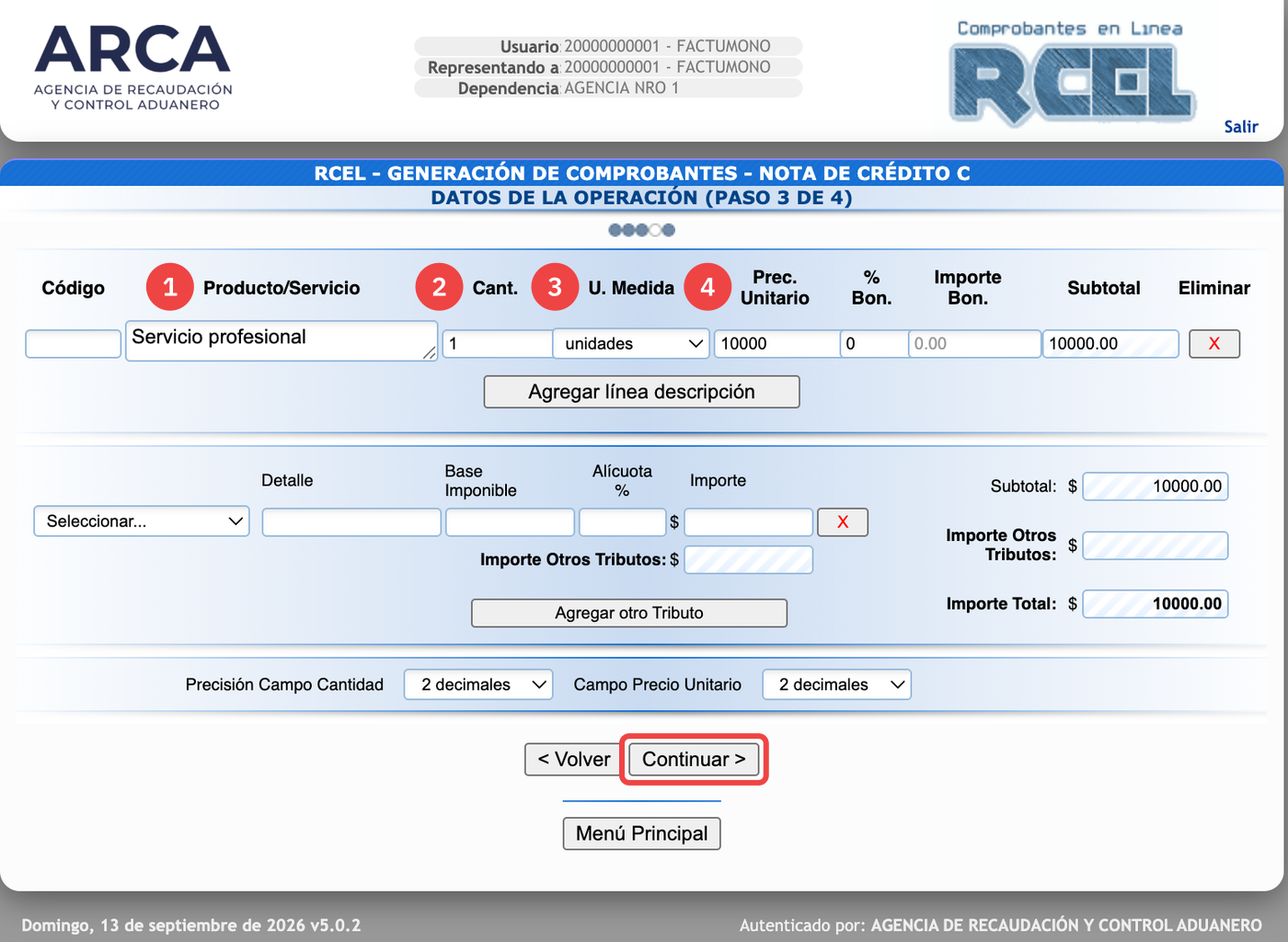 Datos de la operación de una Nota de Crédito C en ARCA, con la descripción, cantidad y precio cargados