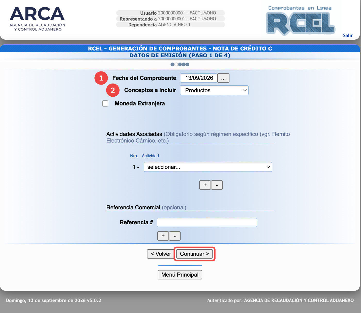Formulario de Datos de Emisión de una Nota de Crédito C en ARCA, con Conceptos en Productos y sin Período Facturado