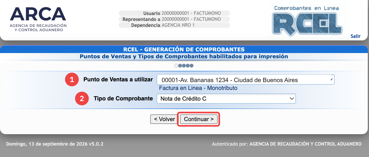 Selección del punto de venta y del tipo de comprobante Nota de Crédito C en ARCA