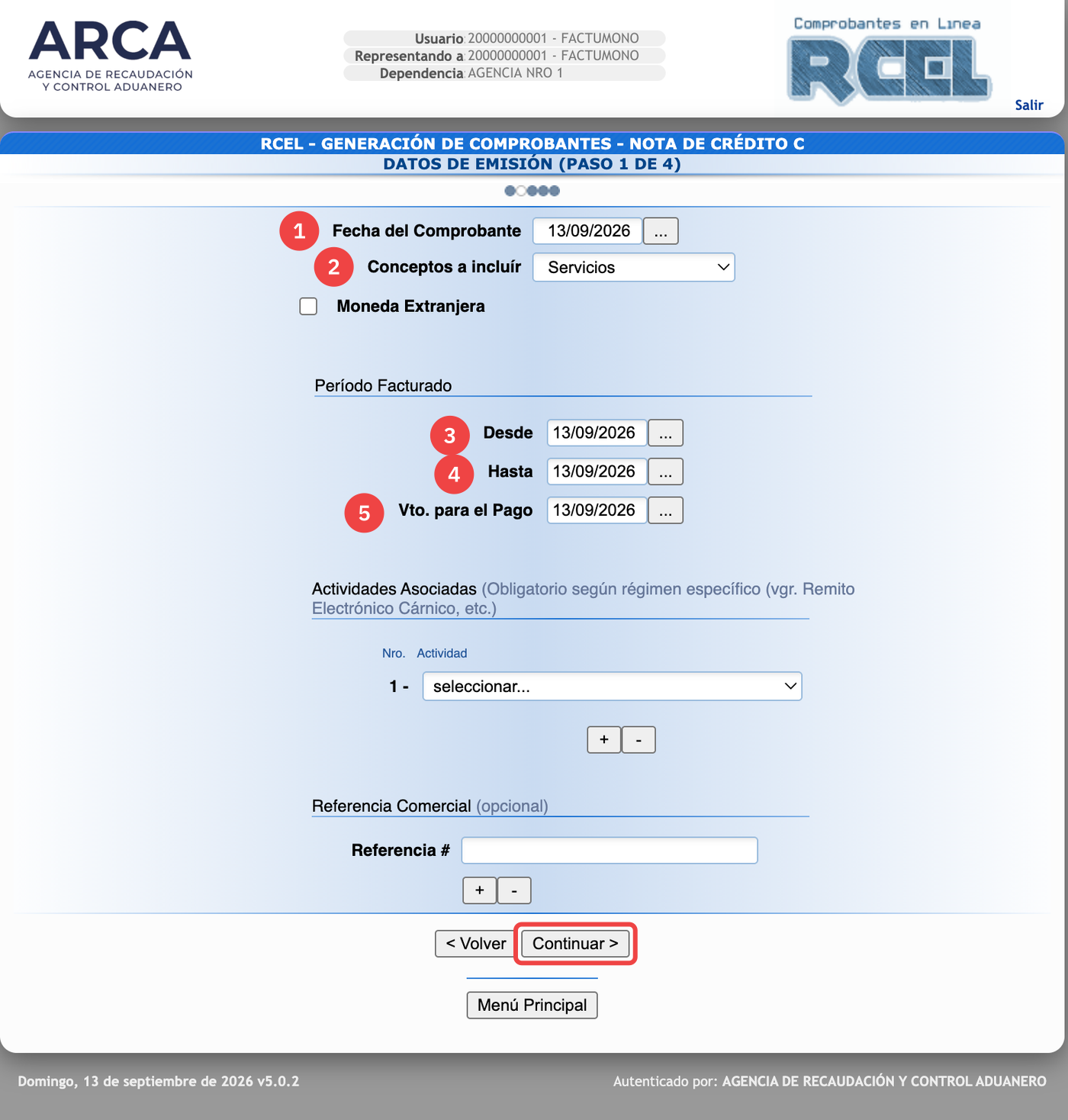 Formulario de Datos de Emisión de una Nota de Crédito C en ARCA, con Conceptos en Servicios