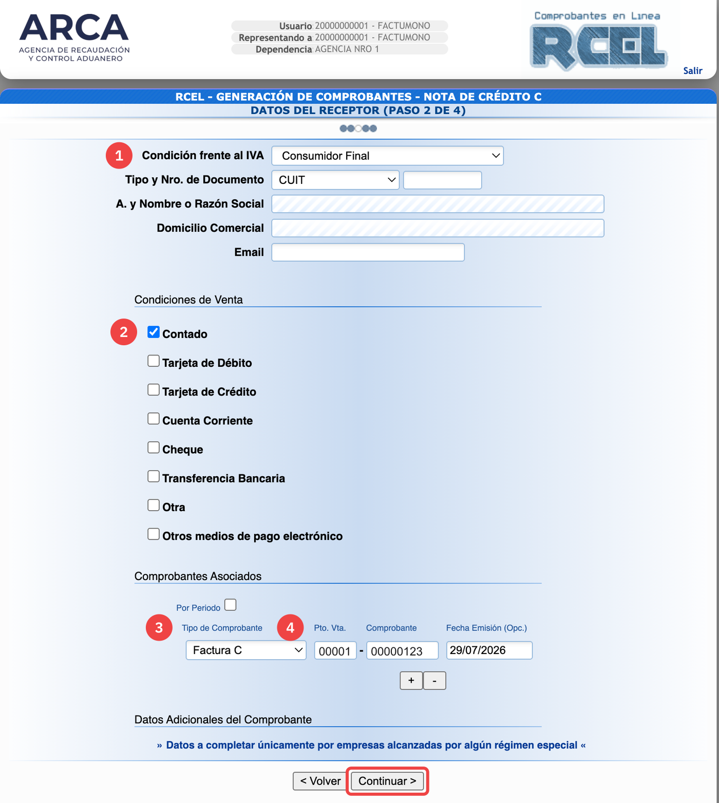 Datos del receptor de una Nota de Crédito C en ARCA para un Consumidor Final, con la Factura C asociada cargada por punto de venta y número