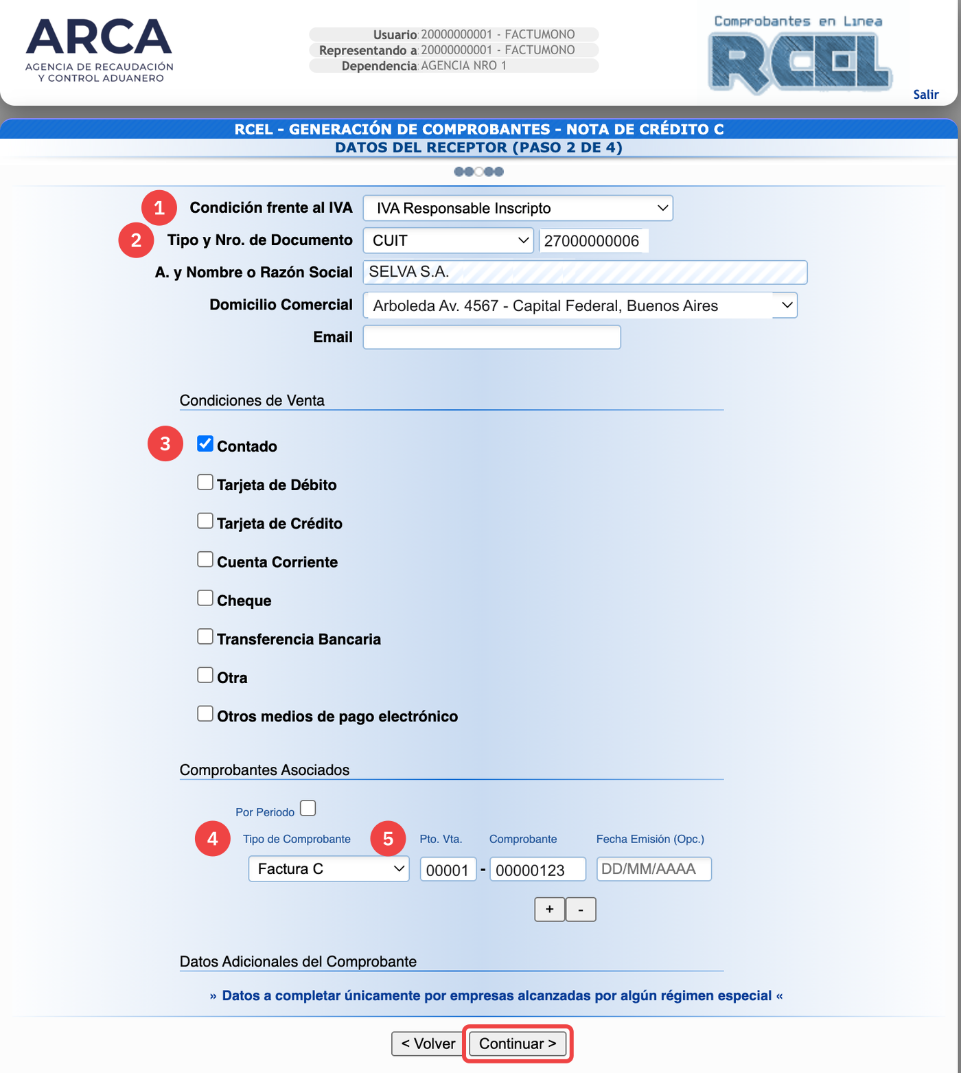 Datos del receptor de una Nota de Crédito C en ARCA con el CUIT del cliente cargado, la Razón Social autocompletada desde el padrón y la Factura C asociada