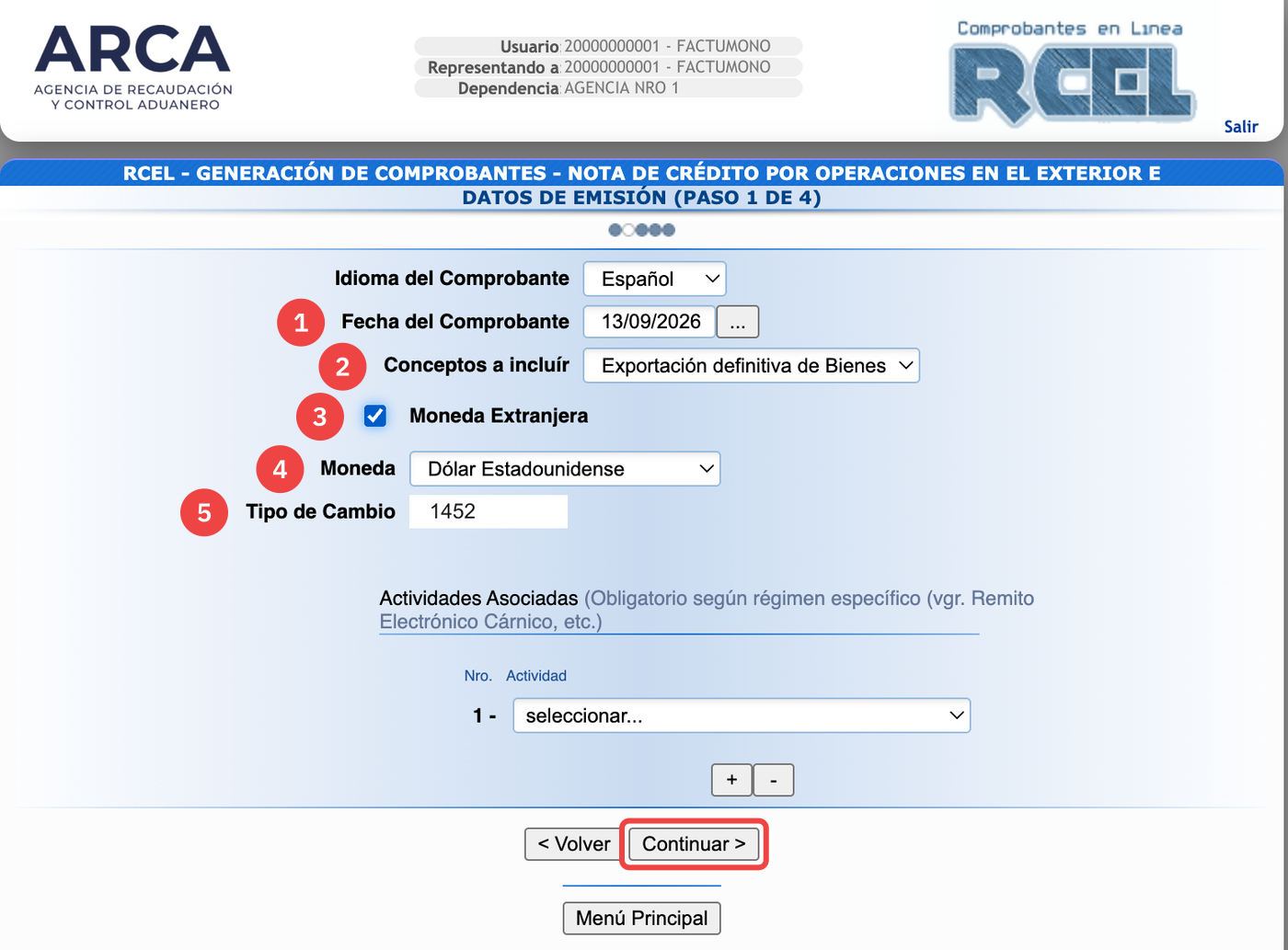 Formulario de Datos de Emisión de una Nota de Crédito E en ARCA, con Exportación definitiva de Bienes, Moneda Extranjera tildada, Dólar Estadounidense y el tipo de cambio de la factura cargado