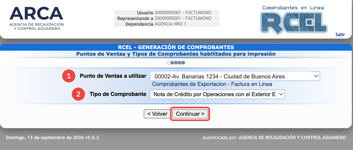 Selección del punto de venta de exportación y del tipo de comprobante Nota de Crédito por Operaciones con el Exterior E en ARCA