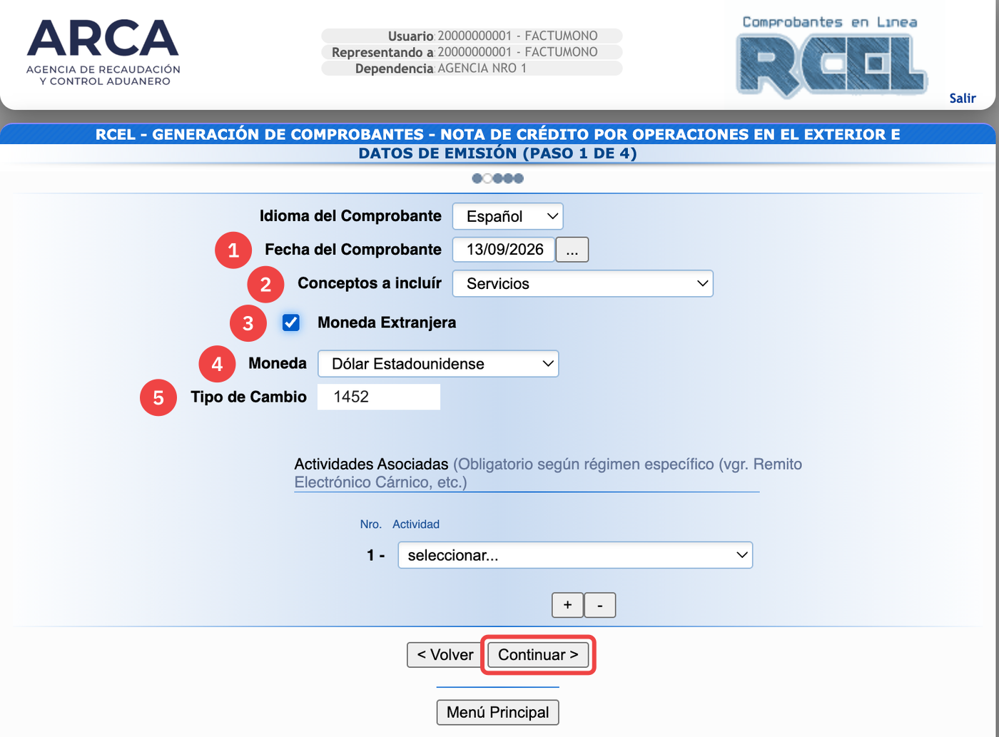 Formulario de Datos de Emisión de una Nota de Crédito E en ARCA, con Servicios, Moneda Extranjera tildada, Dólar Estadounidense y el tipo de cambio de la factura cargado