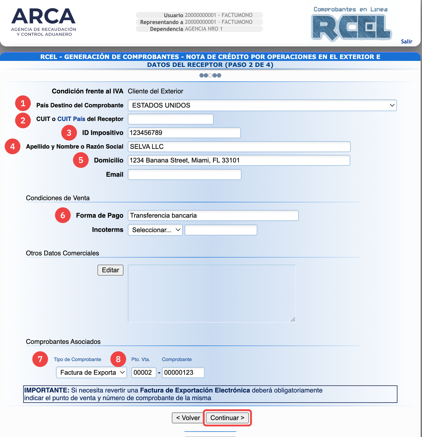 Datos del receptor de una Nota de Crédito E en ARCA, con el país de destino, el ID impositivo, la razón social y el domicilio del cliente del exterior cargados y la Factura E asociada por punto de venta y número