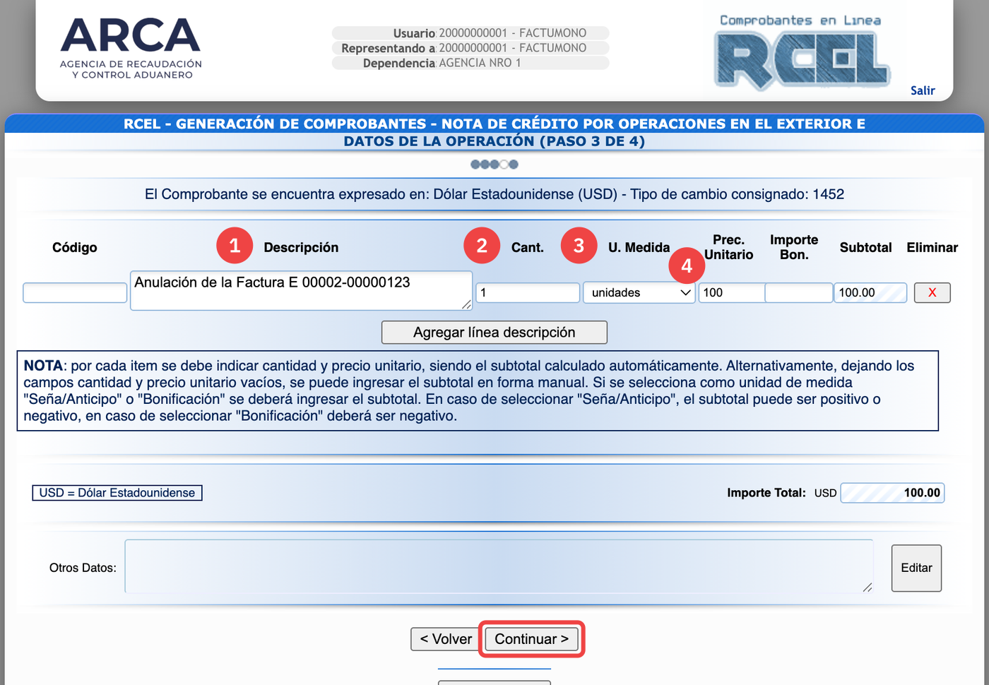 Datos de la operación de una Nota de Crédito E en ARCA, con la descripción, cantidad y precio en dólares cargados
